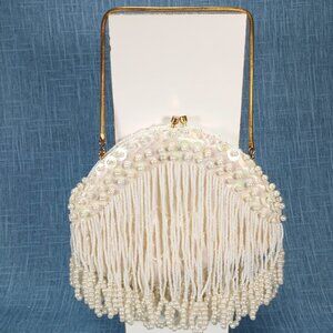 1950s Cream Satin Long Hand Beaded Pearl Evening Bag